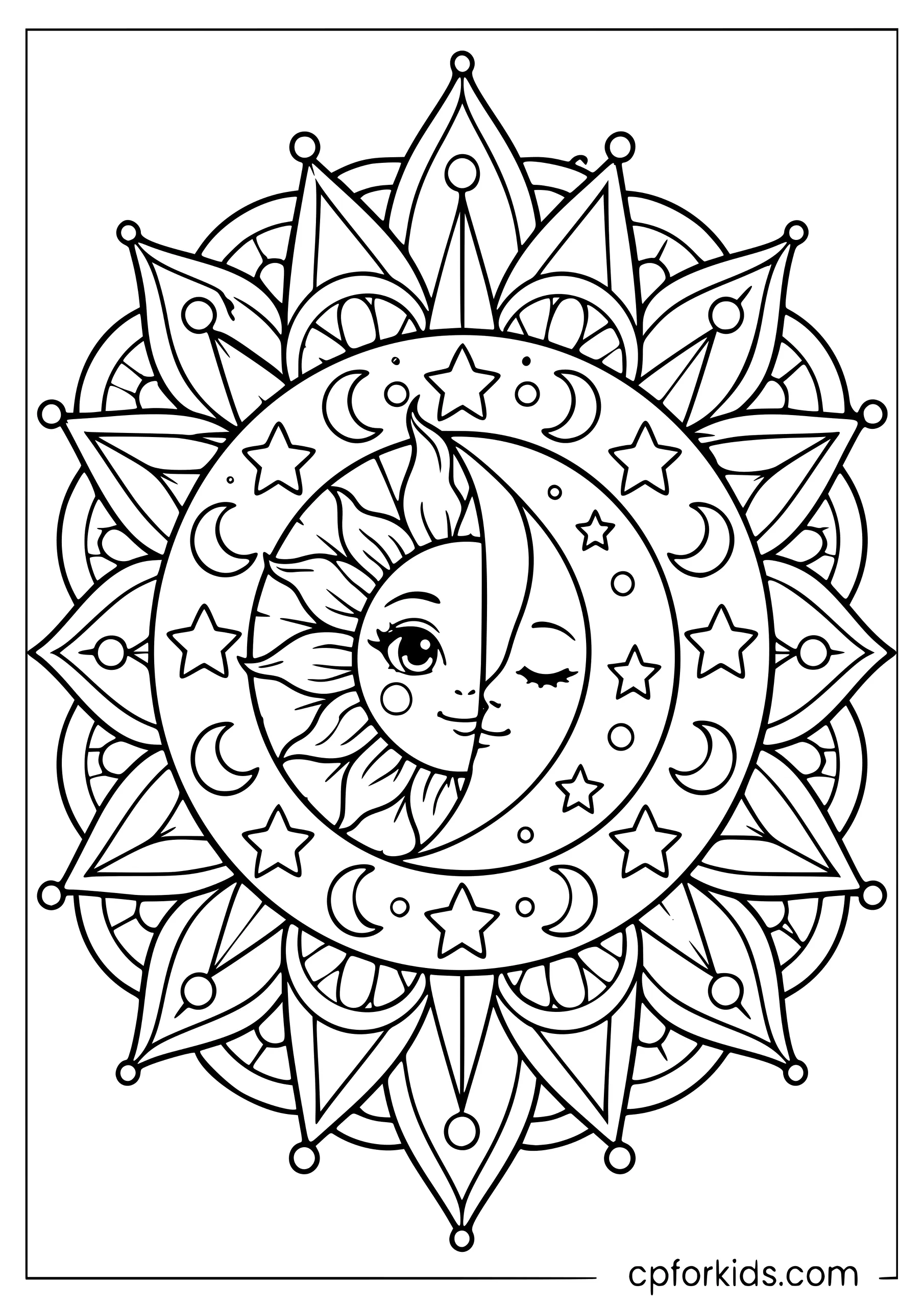Sun and crescent moon surrounded by stars and rays
