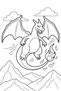 Charizard flying with open wings above rocky mountains and clouds