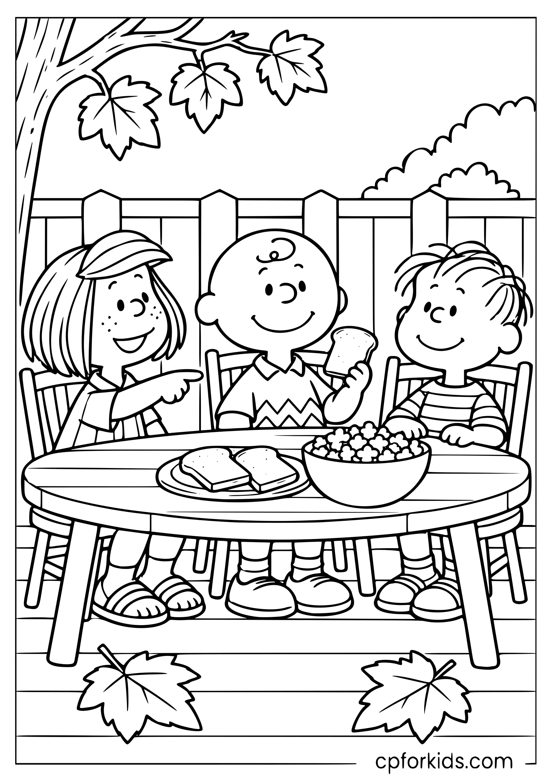 Charlie Brown and friends sharing toast on an autumn patio