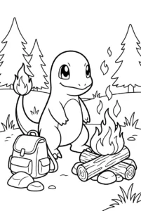 Charmander sitting happily beside a campfire at a simple campsite