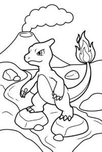 Charmeleon climbing a rocky trail below a distant volcano