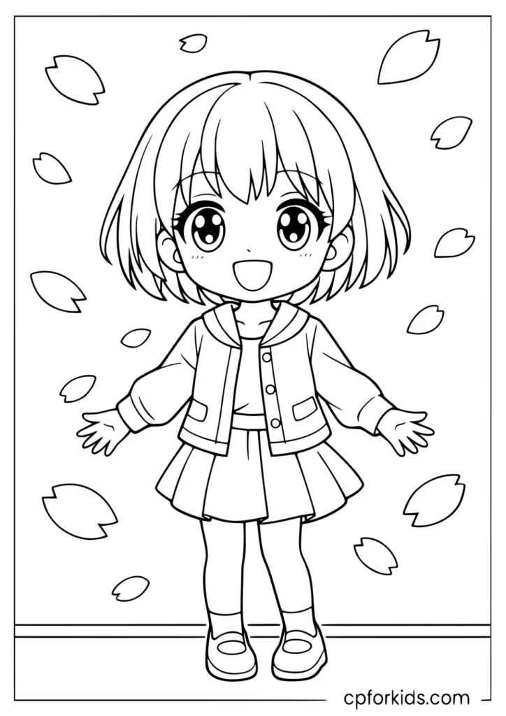 Cheerful anime girl with falling cherry blossoms coloring sheet