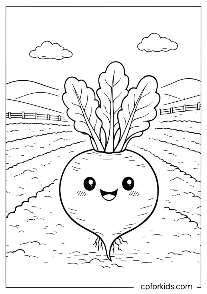 Cheerful turnip standing in a rural vegetable field coloring sheet