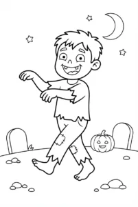 A friendly zombie walking through a Halloween graveyard