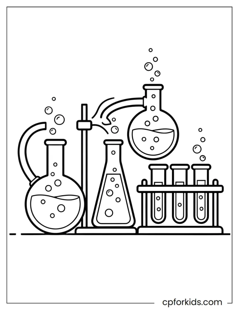 Chemistry coloring page for kids showing simple lab equipment with clear bold outlines.