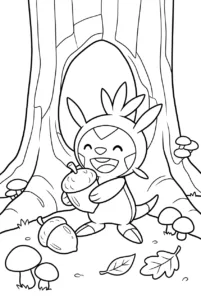 Chespin holding an acorn beside a hollow tree and mushrooms