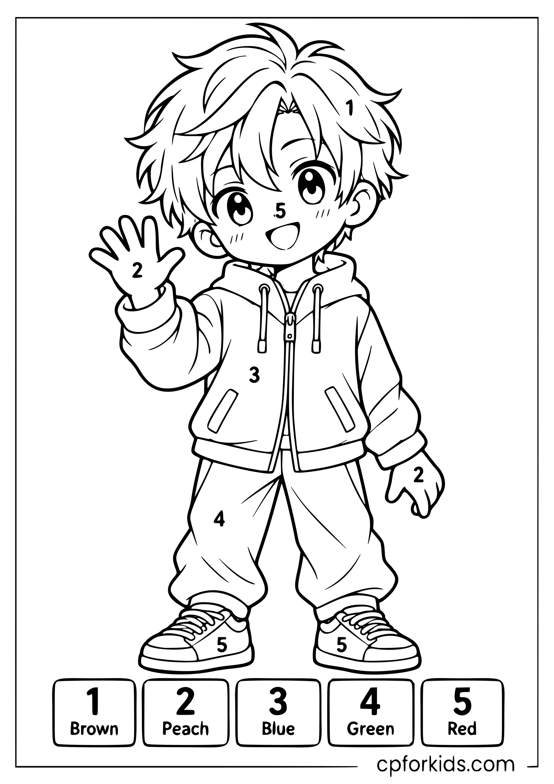 Numbered chibi child above a five-color matching key