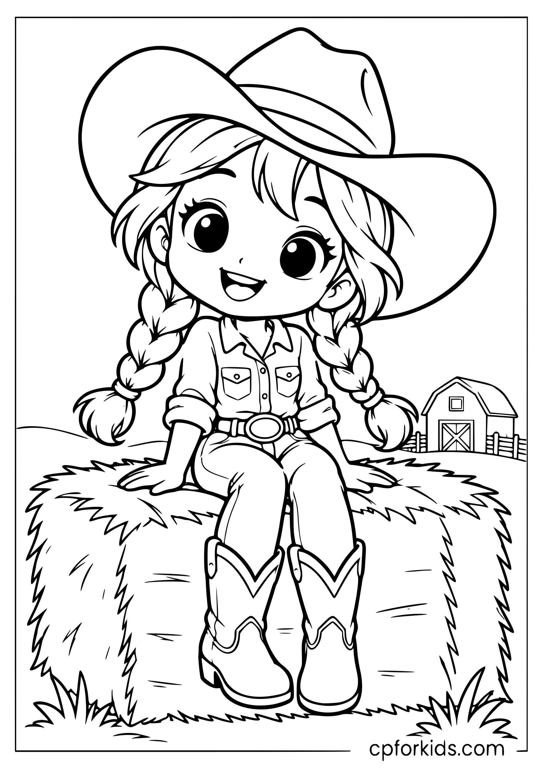 Chibi cowgirl sitting on a haystack smiling in kawaii style