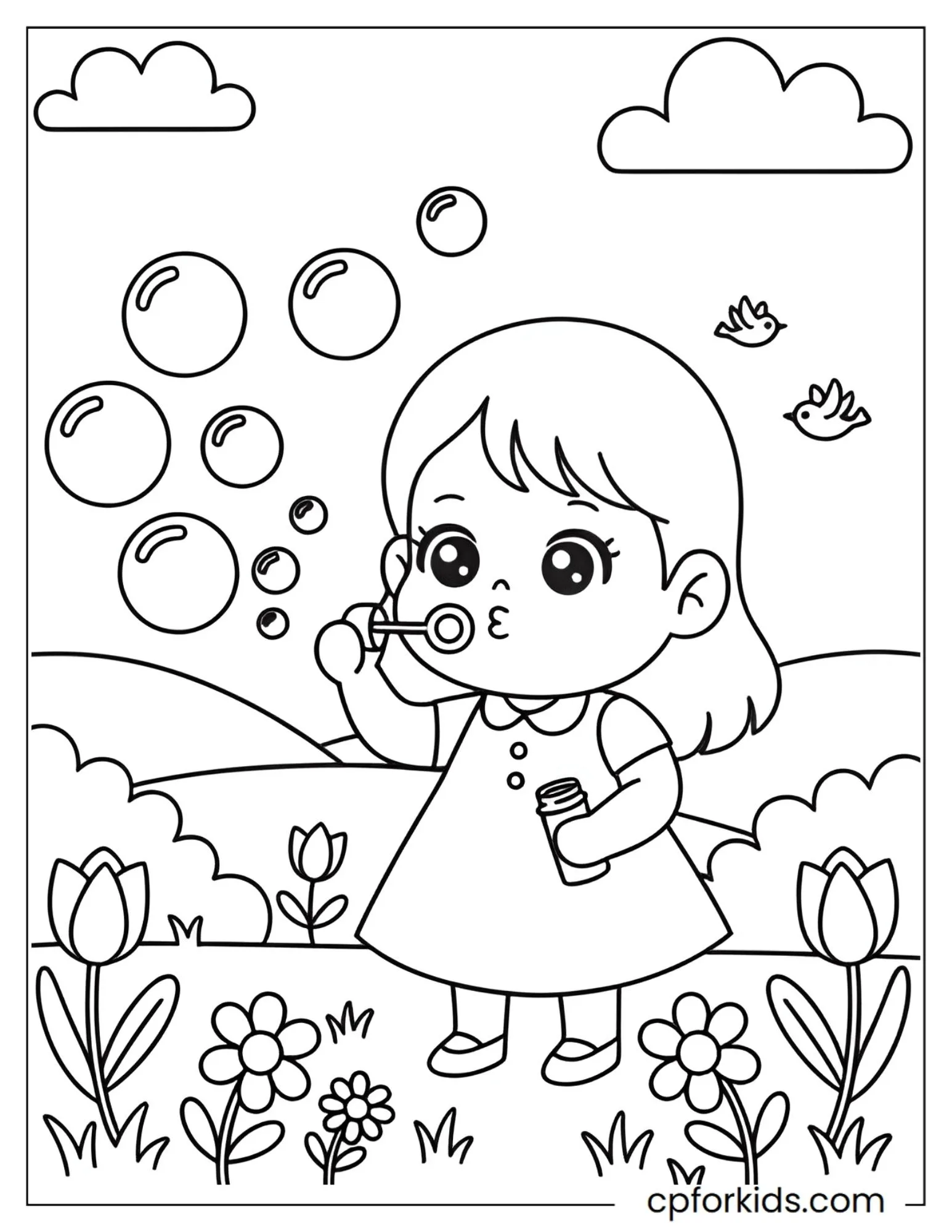 Chibi-style girl blowing bubbles outdoors