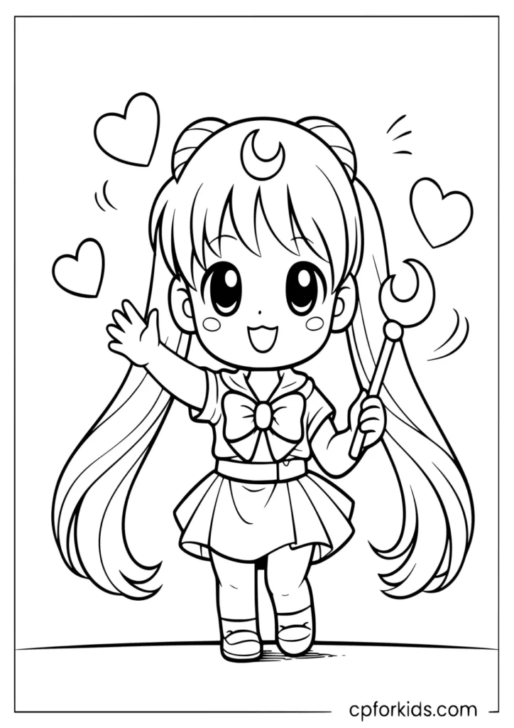 Chibi magical girl with long pigtails and moon headband coloring page