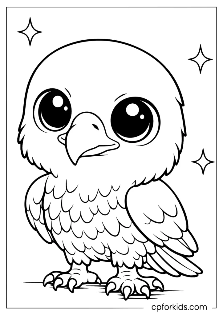 Easy chibi bald eagle coloring page for kids with bold outline.