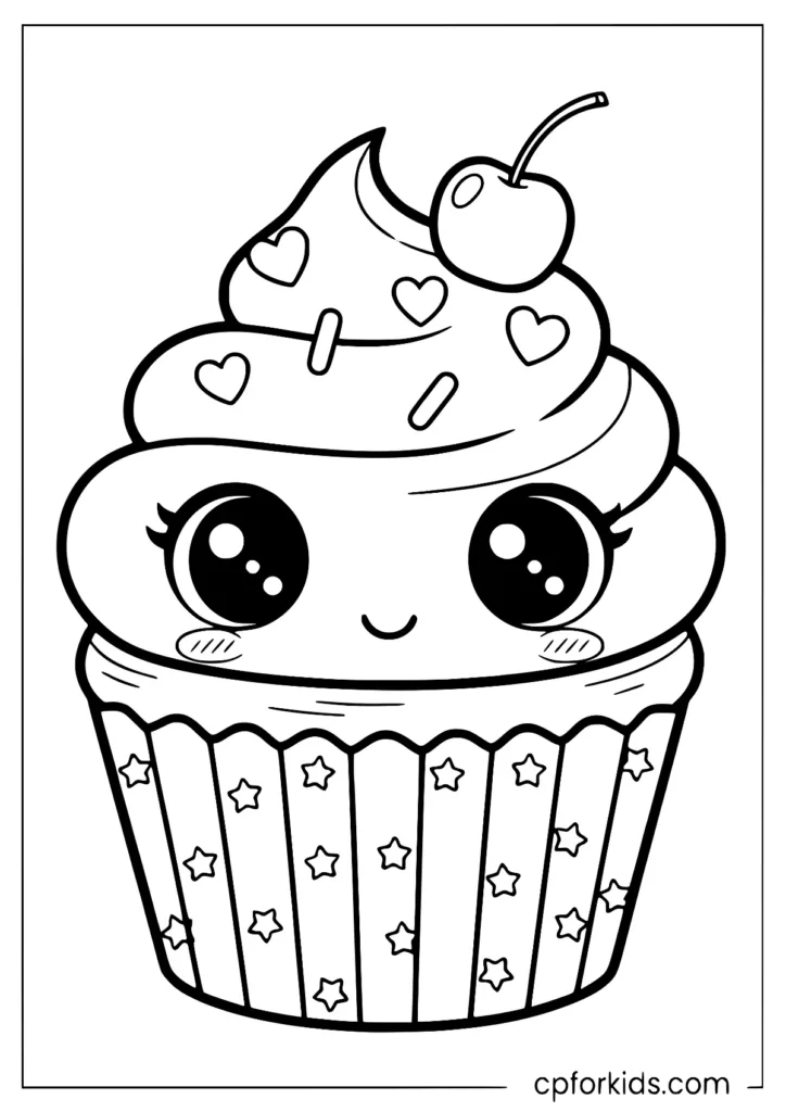 Kawaii chibi cupcake coloring page