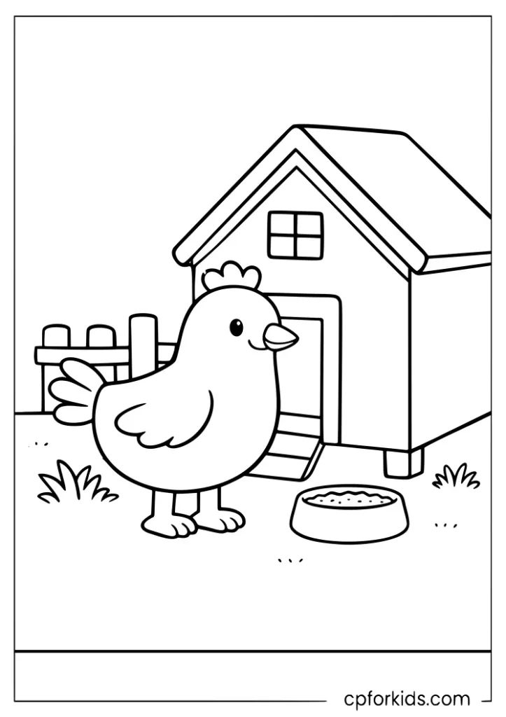 Chicken coop coloring page with a hen and simple farmyard details