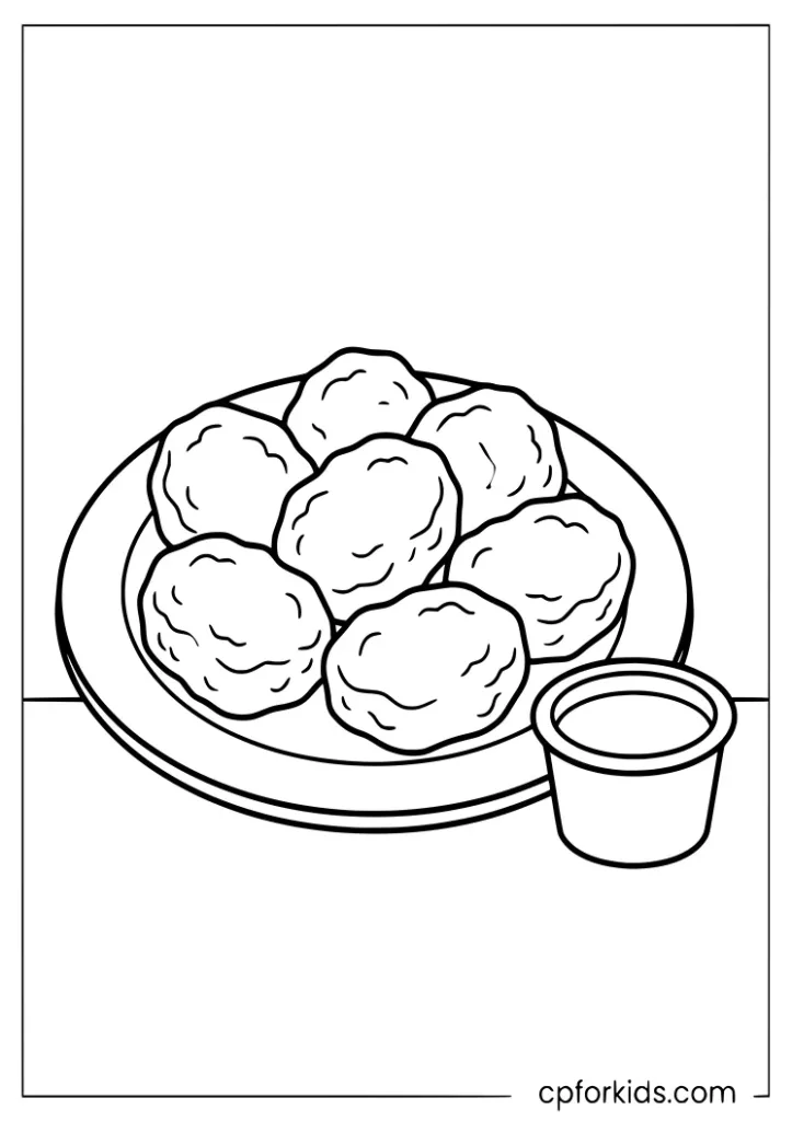 Chicken nuggets fast food coloring page with dipping sauce for preschoolers