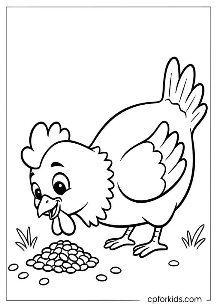 Happy chicken pecking food on the ground coloring page