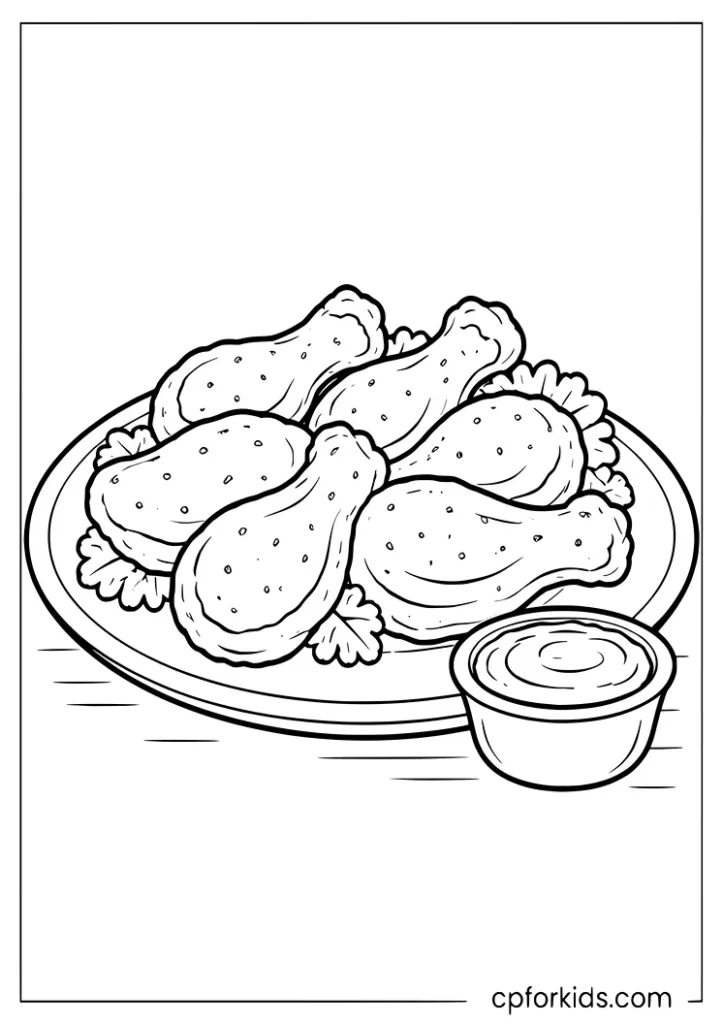 Chicken wings fast food coloring page with dipping sauce for kids