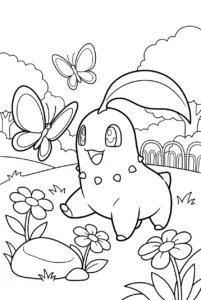 Chikorita walking through a garden with flowers and butterflies