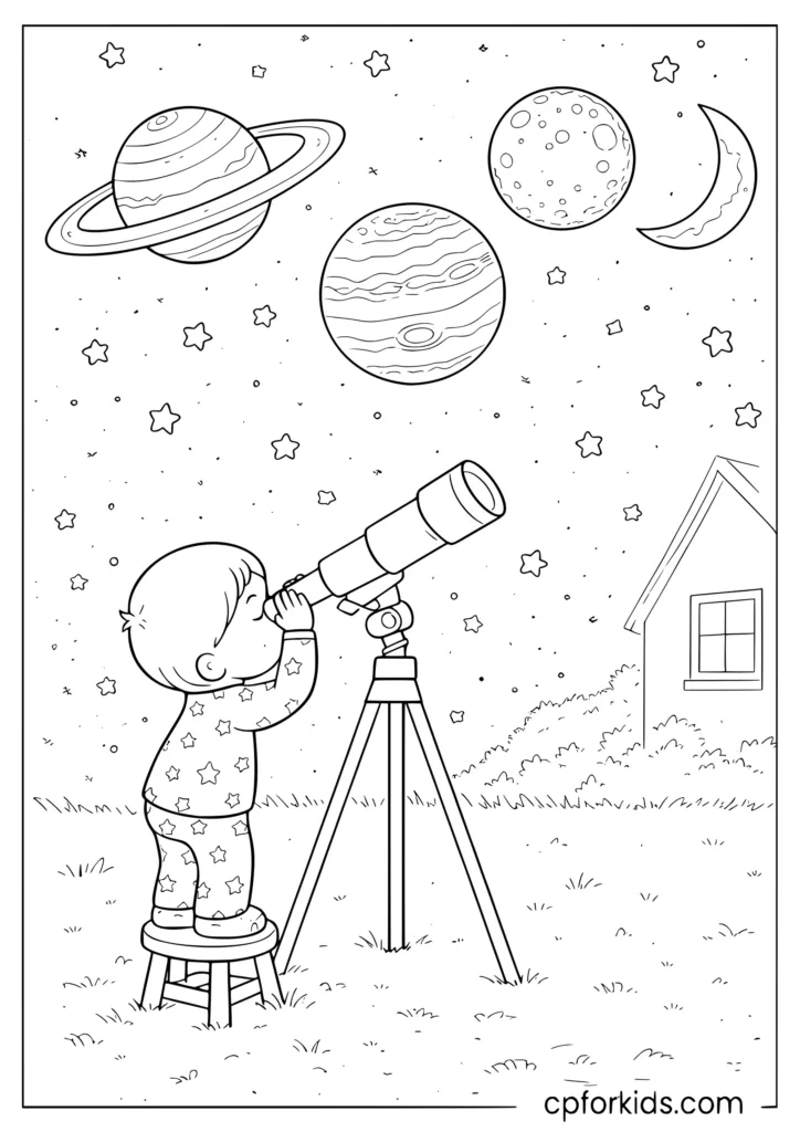 Child looking through telescope at planets coloring page for kids with solar system in the night sky