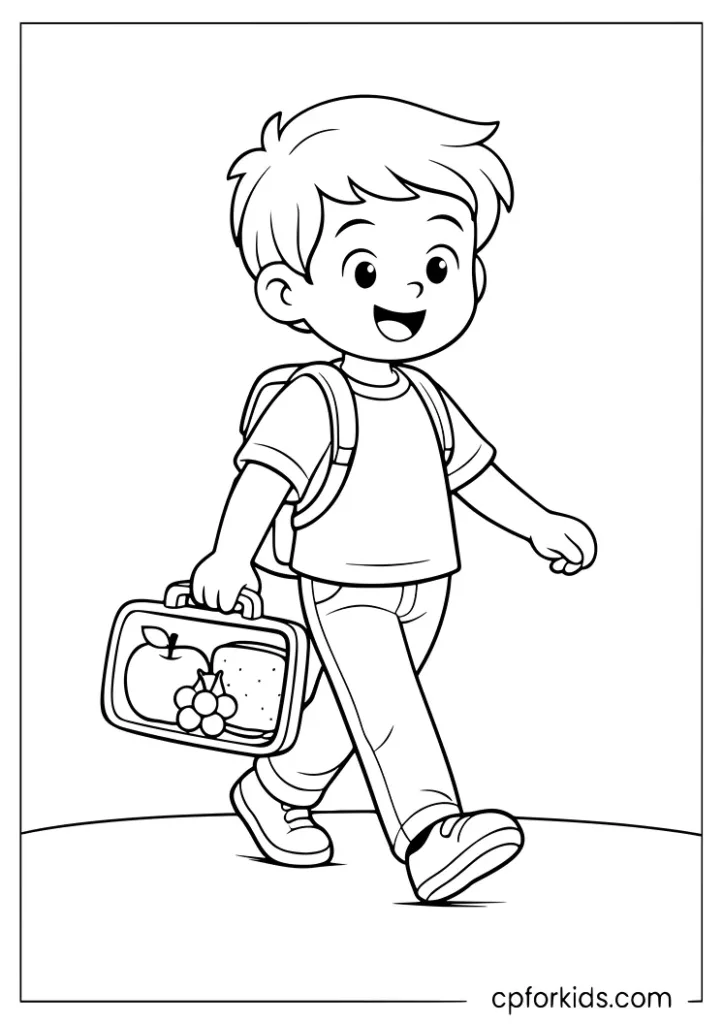 Child carrying a healthy lunchbox coloring page for kids