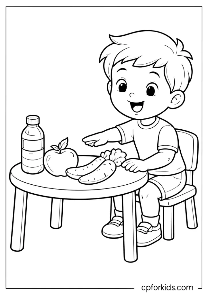 Child choosing healthy foods coloring page for kids