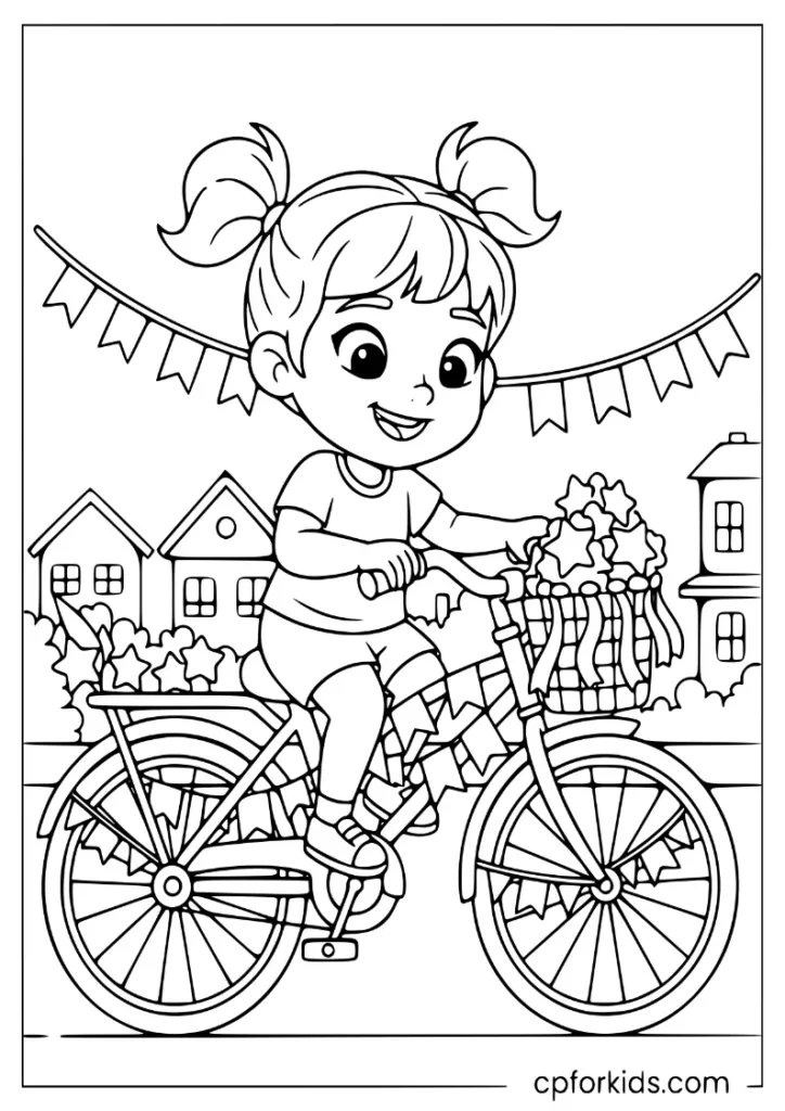 Young child decorating a bicycle for a street parade