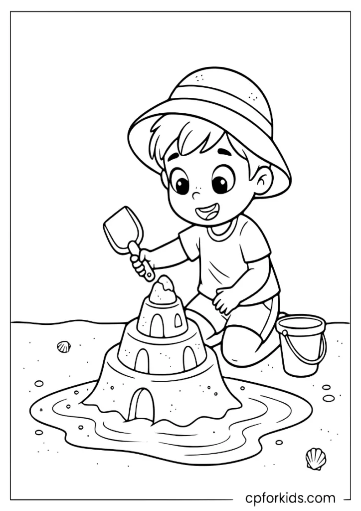 Child digging a moat around a sandcastle in the wet sand