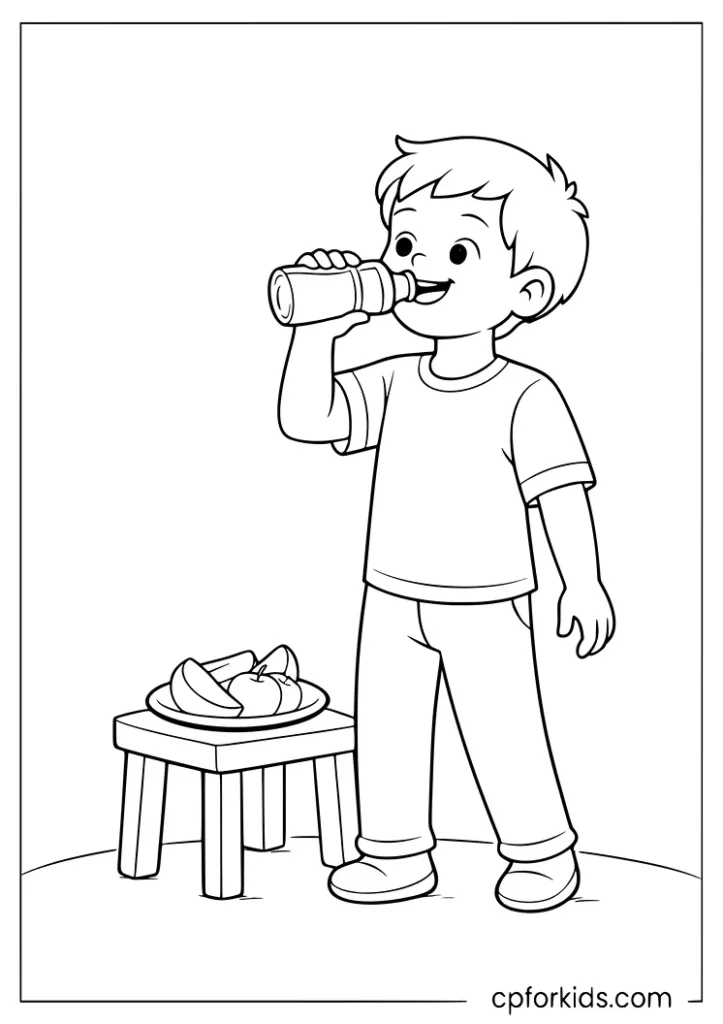 Child drinking water after eating fruit healthy food coloring page