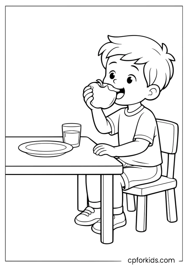 Child eating an apple at the table healthy eating coloring page