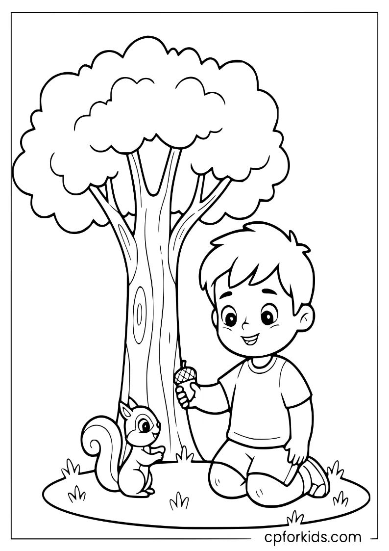 Child offering an acorn to a squirrel under an oak tree