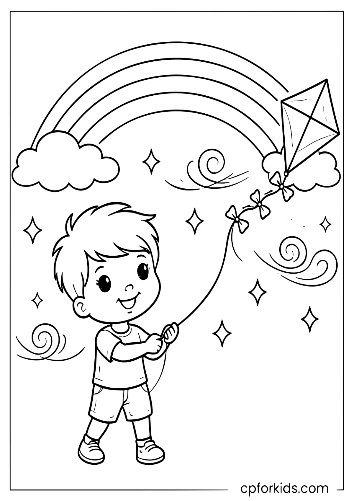 Child flying a kite under a rainbow