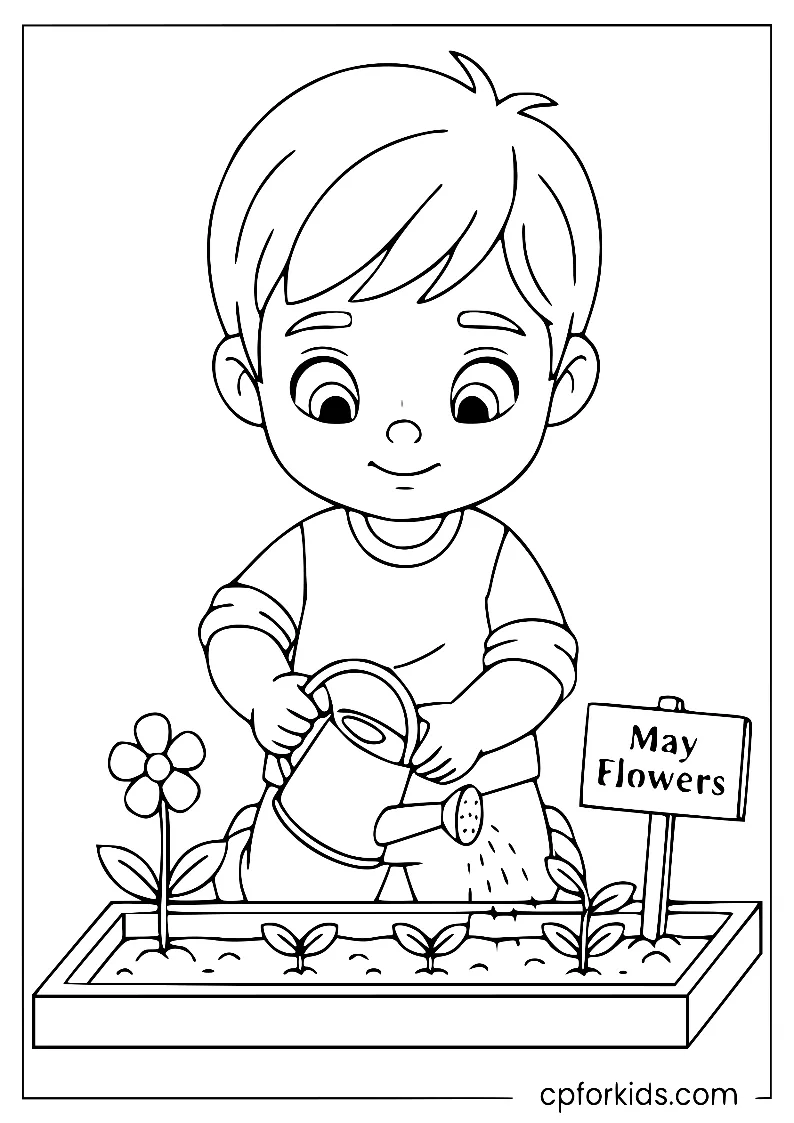 Young child planting May flower seeds with a watering can