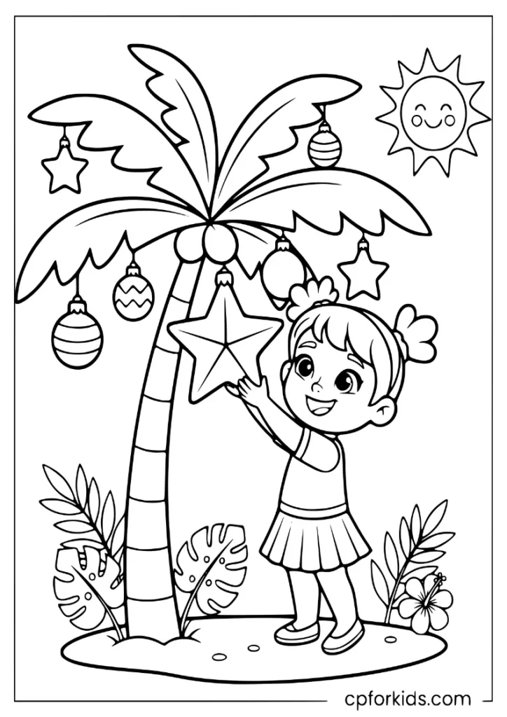 Child hanging Christmas decorations on a palm tree in a tropical garden