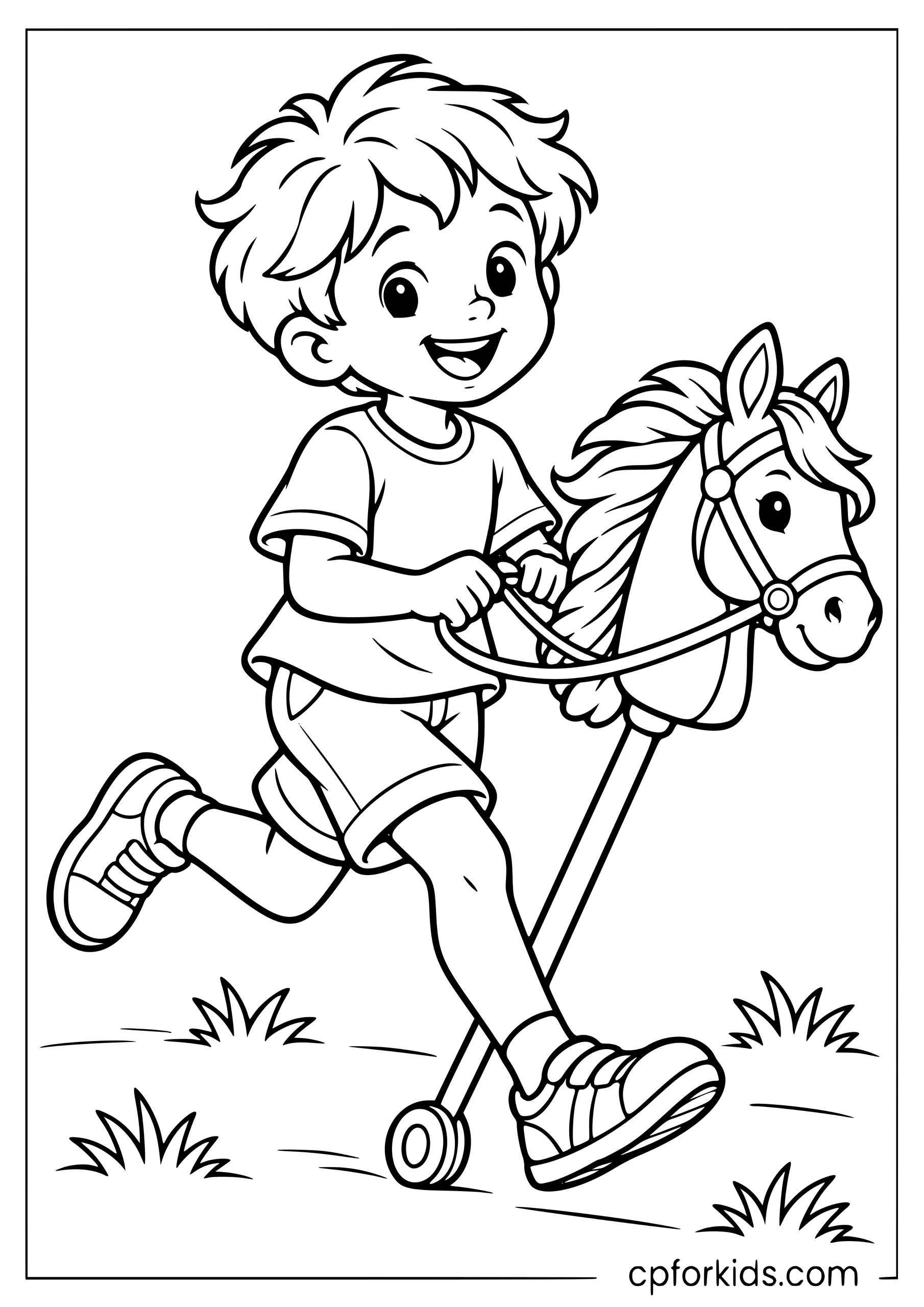 Child running while riding a wooden hobby horse