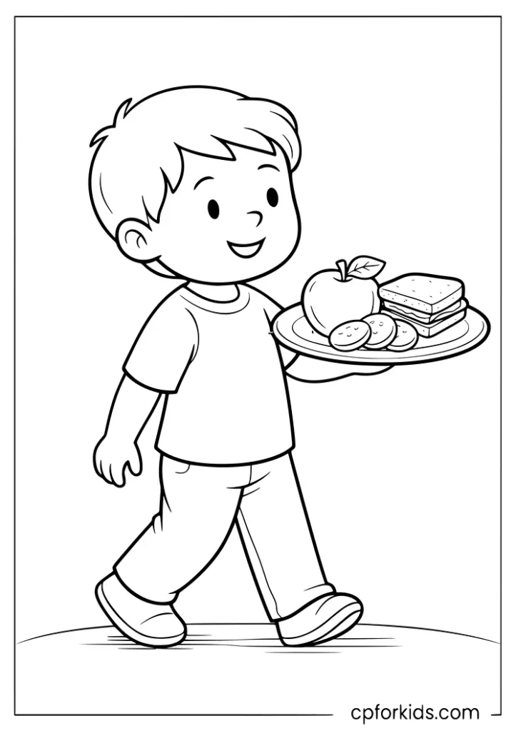 Child holding a healthy snack plate coloring page