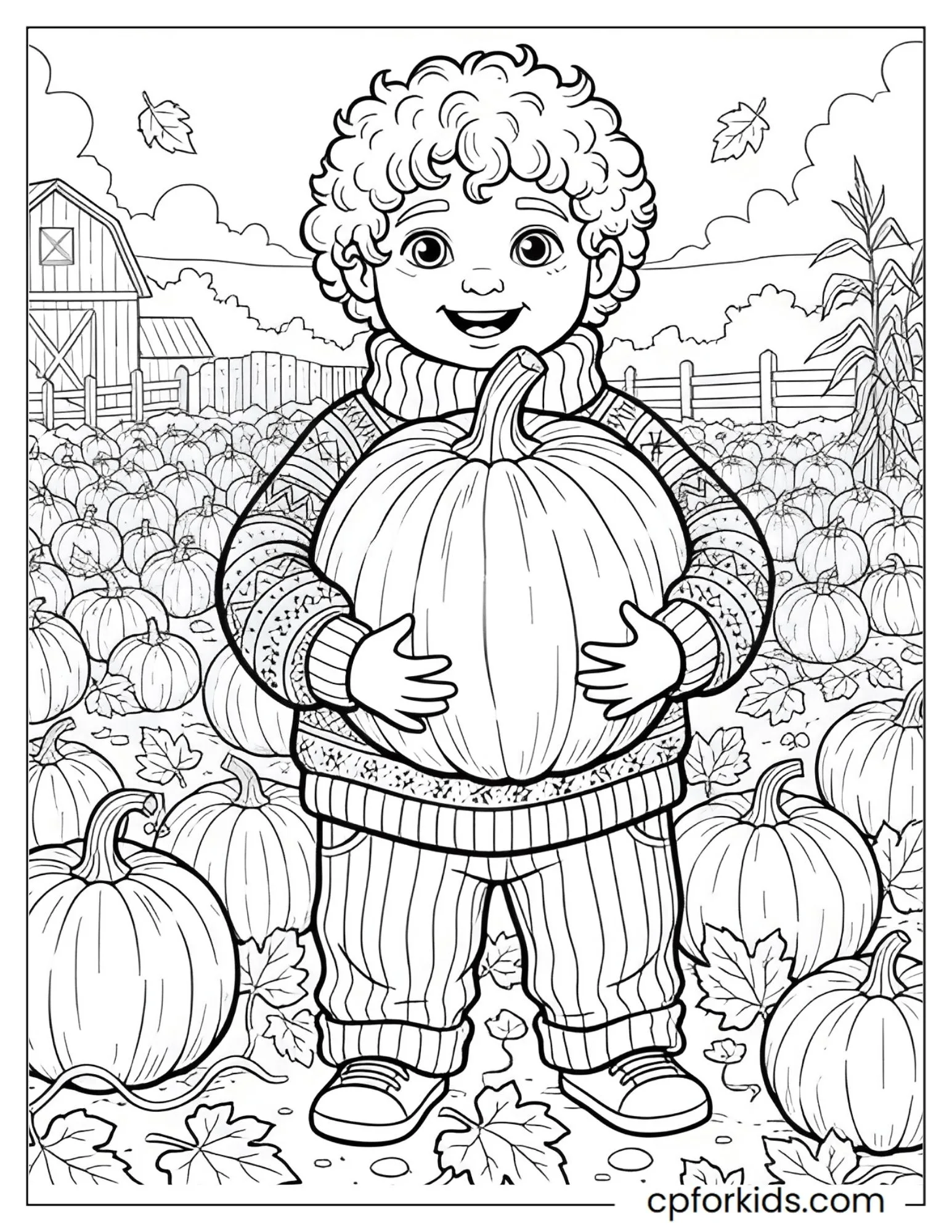 Child holding a pumpkin in a pumpkin patch