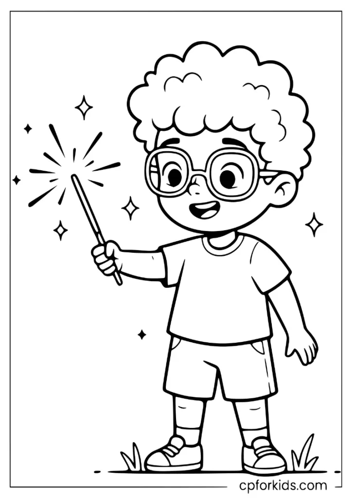 Child wearing glasses holding a glowing sparkler in a backyard at night