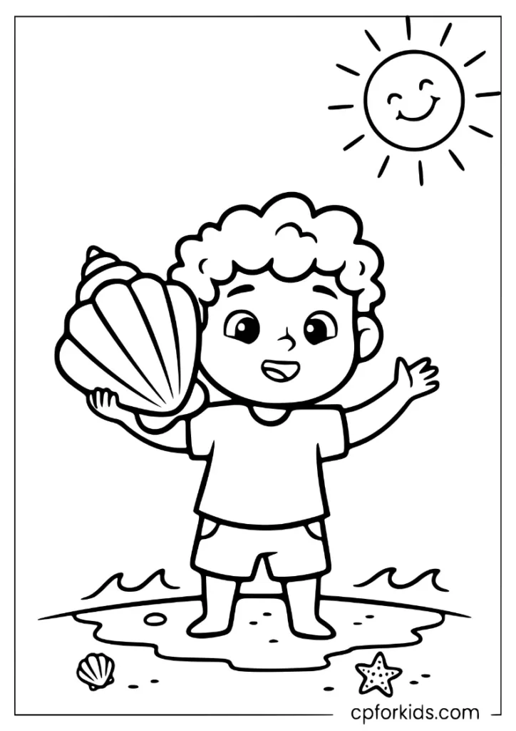 Small child holding a giant seashell to their ear at a wavy shore
