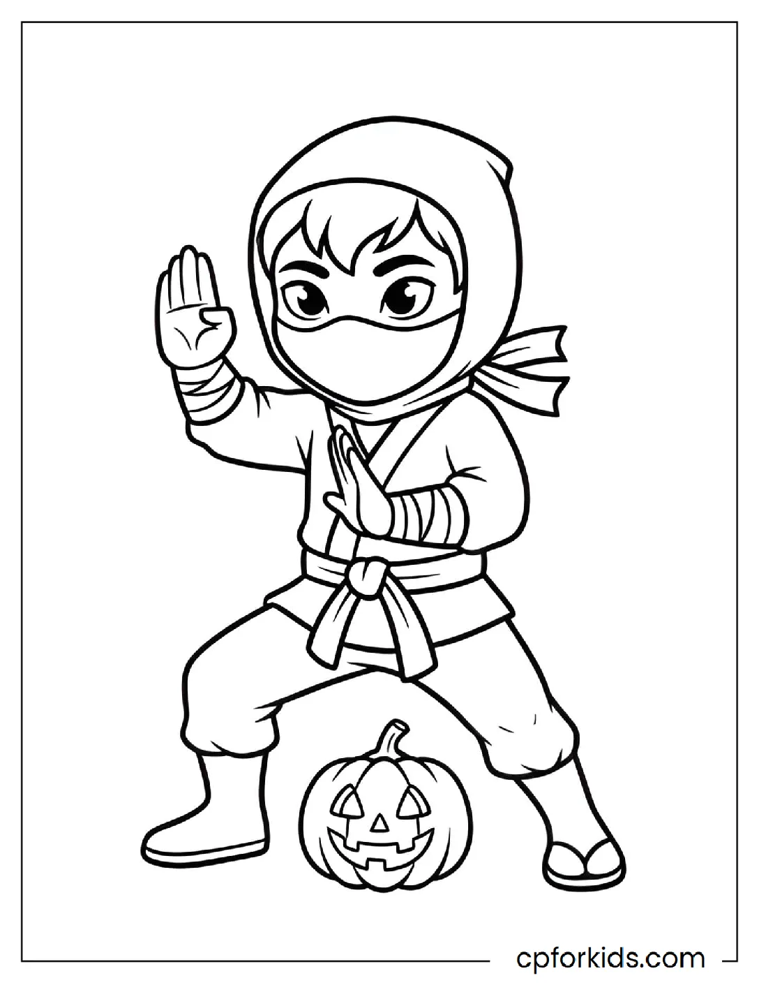 Child in a ninja costume mid-karate-pose