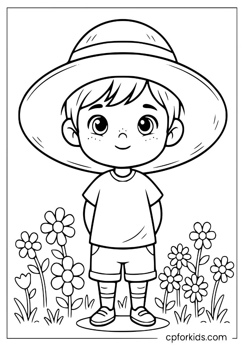 Child wearing a large sun hat in a field of daisies