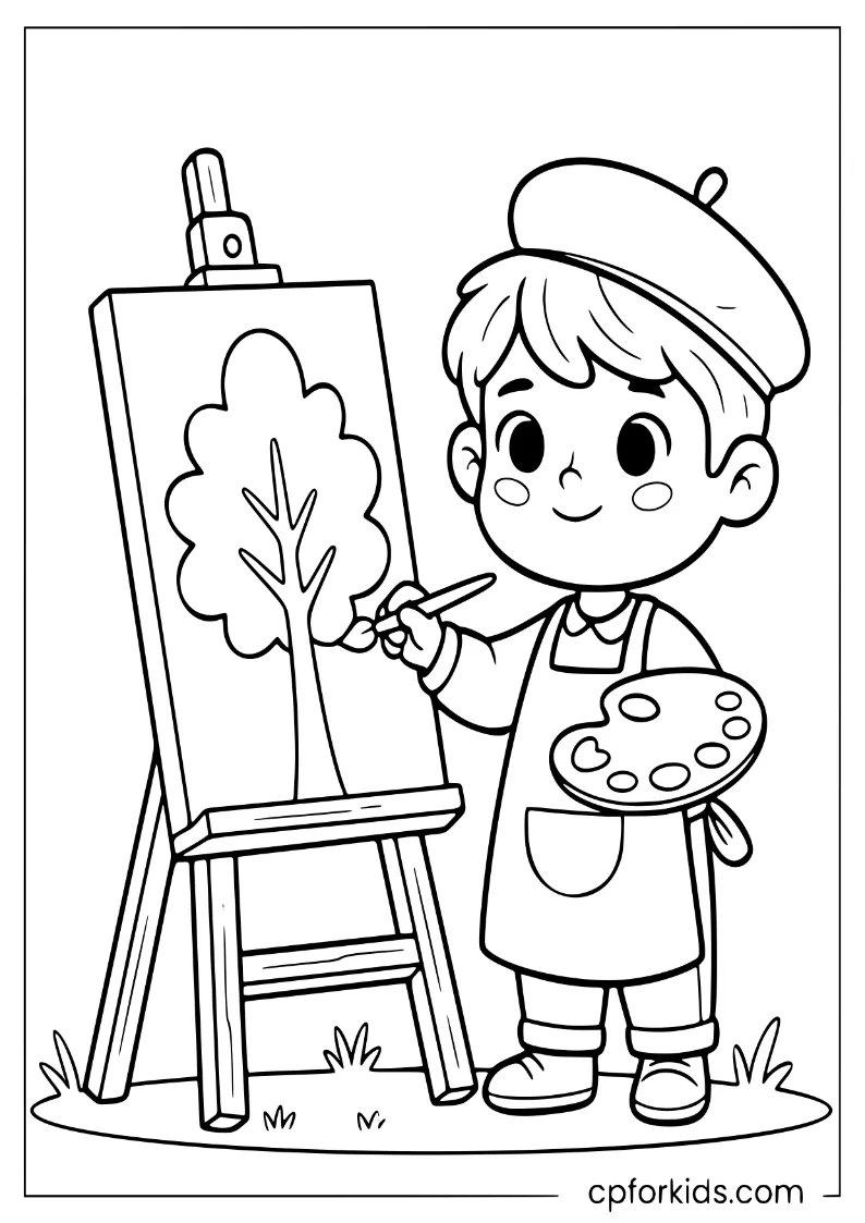 A child at an easel painting a fall tree with a brush and palette