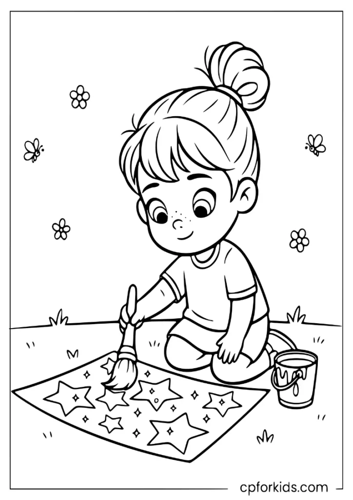 Child painting stars on a large sheet of paper during a summer evening