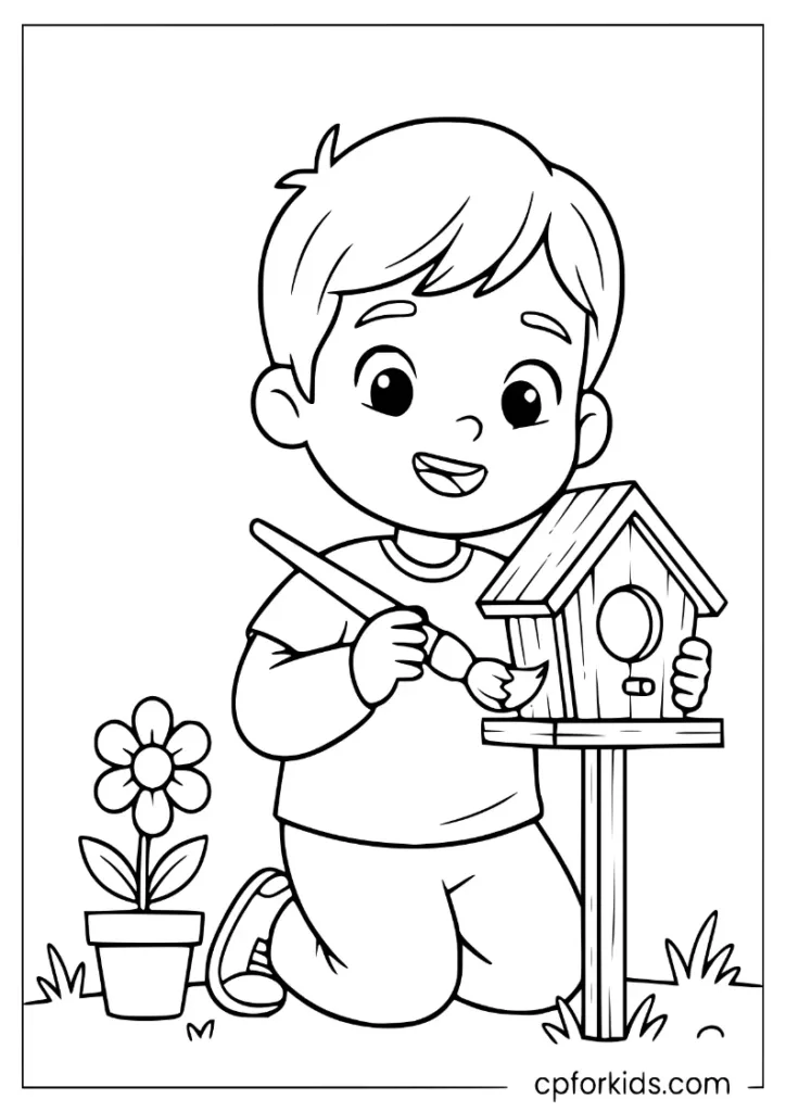A child painting a small wooden birdhouse outdoors.