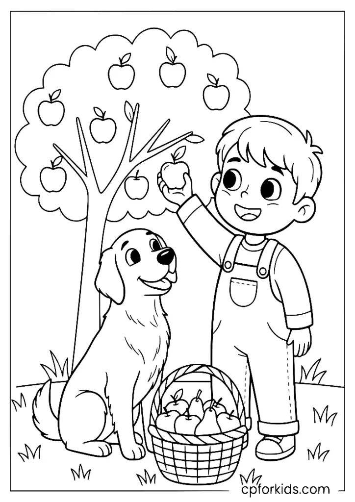 Child and dog picking apples in an orchard, September harvest coloring page printable