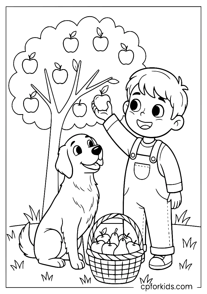 Child and dog picking apples in an orchard