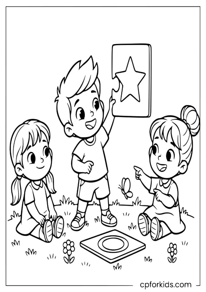 Small child playing with giant puzzle cards on the grass