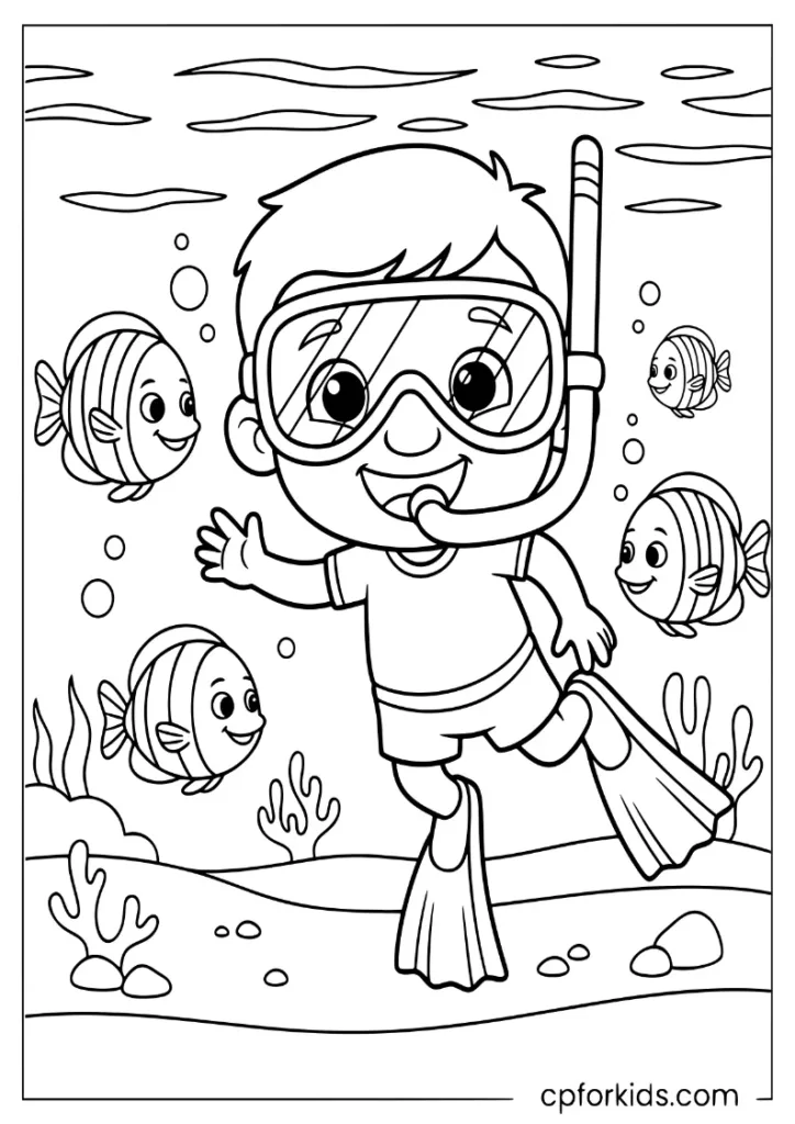 Small child snorkeling and watching fish underwater in a clear sea