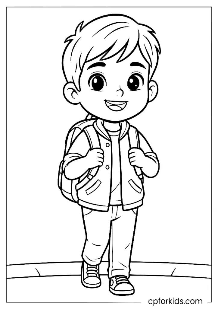 Happy child with backpack walking to school, September coloring page printable