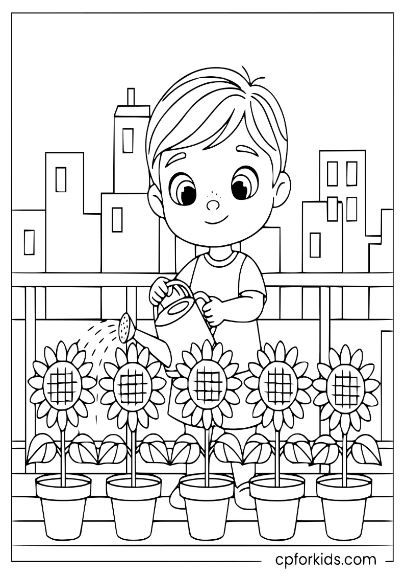 Child watering potted sunflowers on a sunny city balcony