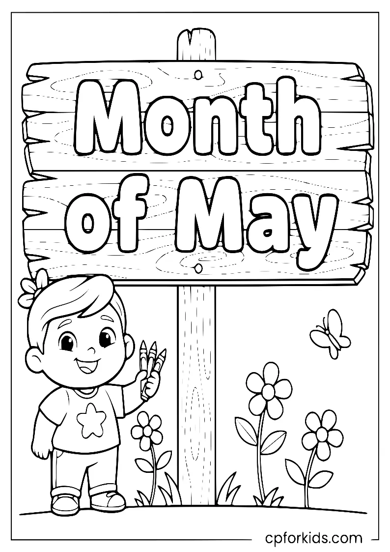 Child standing next to a "Month of May" sign