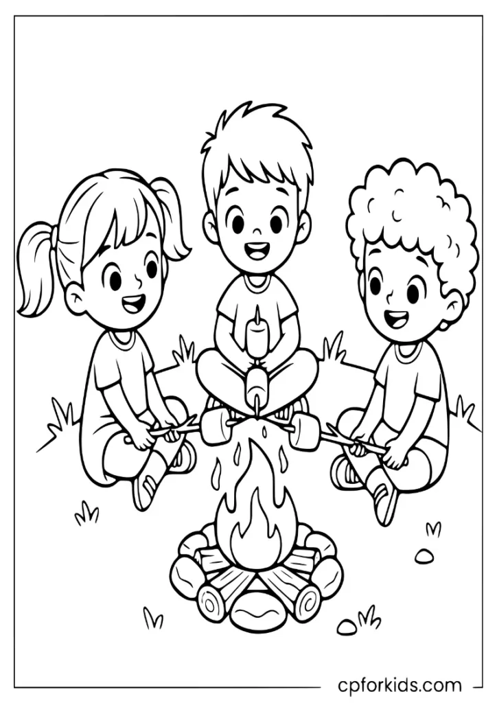 Children sitting around a small campfire in a backyard roasting marshmallows